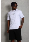 Unisex Oversize Baskılı Bisiklet Yaka T-Shirt - Beyaz