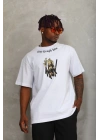 Unisex Oversize Baskılı Bisiklet Yaka T-Shirt - Beyaz