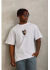 Unisex Oversize Baskılı Bisiklet Yaka T-Shirt - Beyaz