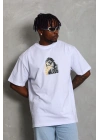 Unisex Oversize Baskılı Bisiklet Yaka T-Shirt - Beyaz