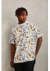 Unisex Oversize Baskılı Bisiklet Yaka T-Shirt - Beyaz