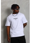 Unisex Oversize Baskılı Bisiklet Yaka T-Shirt - Beyaz