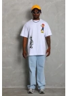 Unisex Oversize Baskılı Bisiklet Yaka T-Shirt - Beyaz