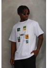 Unisex Oversize Baskılı Bisiklet Yaka T-Shirt - Beyaz