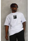 Unisex Oversize Baskılı Bisiklet Yaka T-Shirt - Beyaz