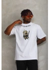 Unisex Oversize Baskılı Bisiklet Yaka T-Shirt - Beyaz