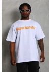 Unisex Oversize Baskılı Bisiklet Yaka T-Shirt - Beyaz