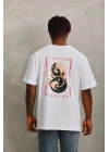 Unisex Oversize Baskılı Bisiklet Yaka T-Shirt - Beyaz