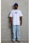 Unisex Oversize Baskılı Bisiklet Yaka T-Shirt - Beyaz