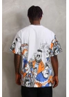 Unisex Oversize Baskılı Bisiklet Yaka T-Shirt - Beyaz