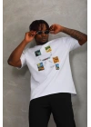 Unisex Oversize Baskılı Bisiklet Yaka T-Shirt - Beyaz
