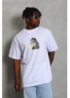 Unisex Oversize Baskılı Bisiklet Yaka T-Shirt - Beyaz