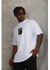 Unisex Oversize Baskılı Bisiklet Yaka T-Shirt - Beyaz