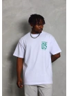 Unisex Oversize Baskılı Bisiklet Yaka T-Shirt - Beyaz
