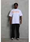 Unisex Oversize Baskılı Bisiklet Yaka T-Shirt - Beyaz