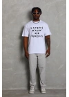 Unisex Oversize Baskılı Bisiklet Yaka T-Shirt - Beyaz