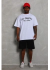 Unisex Oversize Baskılı Bisiklet Yaka T-Shirt - Beyaz
