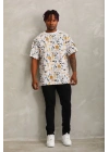 Unisex Oversize Baskılı Bisiklet Yaka T-Shirt - Beyaz