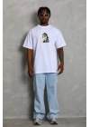 Unisex Oversize Baskılı Bisiklet Yaka T-Shirt - Beyaz
