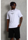 Unisex Oversize Baskılı Bisiklet Yaka T-Shirt - Beyaz