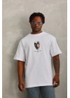 Unisex Oversize Baskılı Bisiklet Yaka T-Shirt - Beyaz