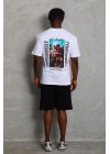 Unisex Oversize Baskılı Bisiklet Yaka T-Shirt - Beyaz
