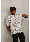 Unisex Oversize Baskılı Bisiklet Yaka T-Shirt - Beyaz