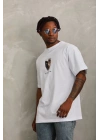 Unisex Oversize Baskılı Bisiklet Yaka T-Shirt - Beyaz