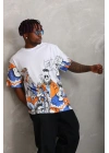 Unisex Oversize Baskılı Bisiklet Yaka T-Shirt - Beyaz