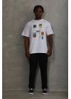 Unisex Oversize Baskılı Bisiklet Yaka T-Shirt - Beyaz