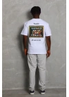 Unisex Oversize Baskılı Bisiklet Yaka T-Shirt - Beyaz