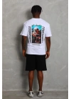 Unisex Oversize Baskılı Bisiklet Yaka T-Shirt - Beyaz