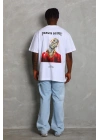 Unisex Oversize Baskılı Bisiklet Yaka T-Shirt - Beyaz