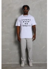 Unisex Oversize Baskılı Bisiklet Yaka T-Shirt - Beyaz