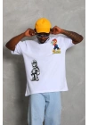 Unisex Oversize Baskılı Bisiklet Yaka T-Shirt - Beyaz