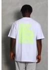 Unisex Oversize Baskılı Bisiklet Yaka T-Shirt - Beyaz