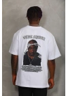 Unisex Oversize Baskılı Bisiklet Yaka T-Shirt - Beyaz