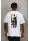 Unisex Oversize Baskılı Bisiklet Yaka T-Shirt - Beyaz