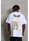 Unisex Oversize Baskılı Bisiklet Yaka T-Shirt - Beyaz