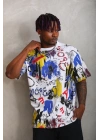 Unisex Oversize Baskılı Bisiklet Yaka T-Shirt - Beyaz