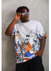Unisex Oversize Baskılı Bisiklet Yaka T-Shirt - Beyaz