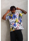 Unisex Oversize Baskılı Bisiklet Yaka T-Shirt - Beyaz