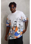 Unisex Oversize Baskılı Bisiklet Yaka T-Shirt - Beyaz