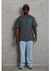 Unisex Oversize Baskılı Bisiklet Yaka T-Shirt - Füme