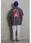 Unisex Oversize Baskılı Bisiklet Yaka T-Shirt - Füme