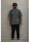Unisex Oversize Baskılı Bisiklet Yaka T-Shirt - Füme