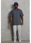 Unisex Oversize Baskılı Bisiklet Yaka T-Shirt - Füme