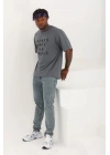 Unisex Oversize Baskılı Bisiklet Yaka T-Shirt - Füme