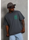 Unisex Oversize Baskılı Bisiklet Yaka T-Shirt - Füme