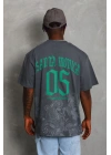 Unisex Oversize Baskılı Bisiklet Yaka T-Shirt - Füme